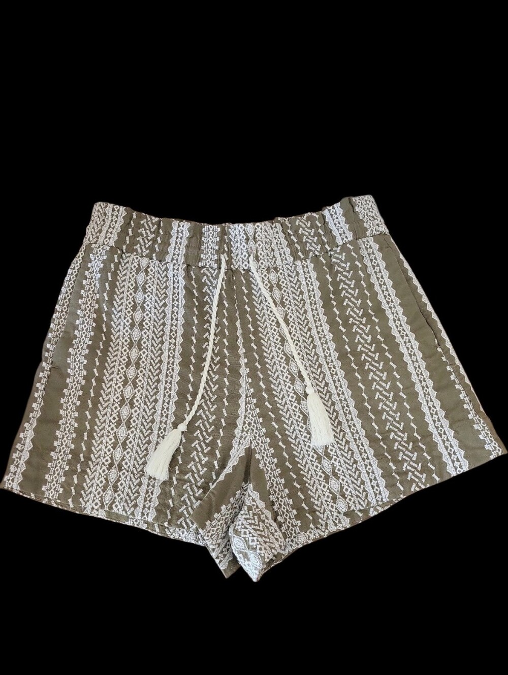 House of Harlow 1960 Linen-Blend Embroidered Boho Shorts, Olive Green, M, EUC